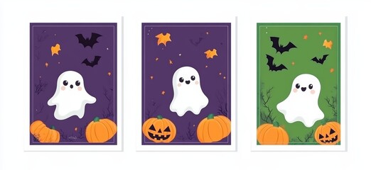 Halloween party invitation or greeting card design. Cute symbols like a pumpkin, a ghost and a bat. Halloween background wallpaper pattern.