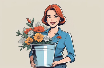 The woman is holding a bucket of flowers with a smile on her face