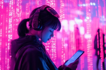 Poster - Individuals are absorbed in their smartphones, heads bowed, encircled by glowing digital numbers that evoke a feeling of isolation. Generative AI