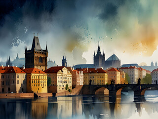 Prague city Czechia watercolor art