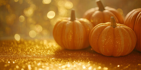 small and medium-sized pumpkins with smooth and slightly rough textures against an isolated gold glitter background