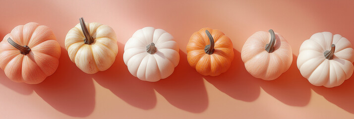 small and medium-sized pumpkins with smooth and slightly rough textures against an isolated coral background