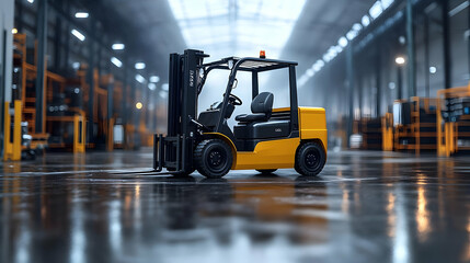 A yellow forklift in an industrial warehouse setting.