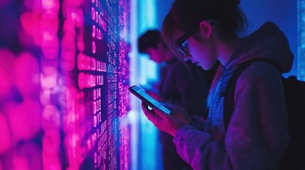Poster - Individuals bow their heads, focused on their smartphones as vibrant digital numbers and codes surround them, conveying isolation. Generative AI
