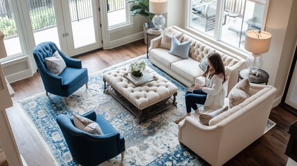 Canvas Print - Modern living room setting with a woman reading in a cozy home environment during daytime near large windows