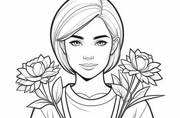 Monochrome drawing of a woman with a floral bouquet