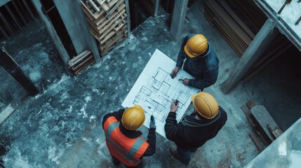 Construction team reviewing architectural plans at building site during daylight hours