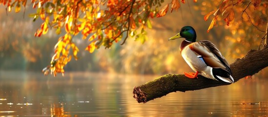 Wall Mural - Bright Duck Sitting In A Tree On The Background Of Water x000D