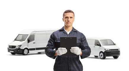 Canvas Print - Mechanic in a uniform standing in front of vans and holding a document with a clipboard