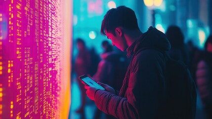Poster - Individuals bow their heads, absorbed in smartphones, amidst vibrant digital numbers that create a sense of loneliness in a modern world. Generative AI