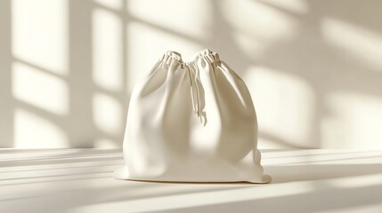 Wall Mural - White Drawstring Bag on a White Surface with Sunlit Shadows