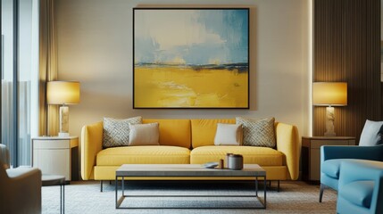 Wall Mural - Modern Artistic Living Room with Yellow Sofa and Warm Tones Interior Decor