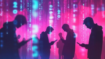 Poster - Individuals look down at their smartphones while surrounded by digital numbers, illustrating a sense of isolation in today's technology-driven world. Generative AI