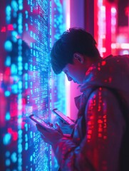 Poster - Individuals bow their heads, focused on smartphone screens as vibrant digital numbers illuminate the surrounding space. Generative AI