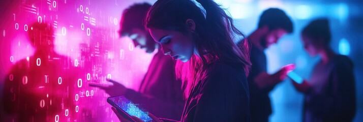 Poster - Individuals engage with their smartphones in a dimly lit environment, surrounded by digital numbers that evoke a feeling of isolation. Generative AI