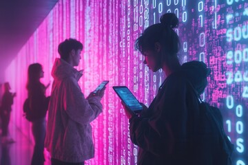 Poster - People focus on their smartphones as digital codes fill the space, highlighting a sense of isolation in the virtual world. Generative AI