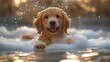 © julija - adorable golden retriever puppy frolicking in bubblefilled bathtub joyful expression as soap suds cling to fur playful and innocent scene with soft warm lighting