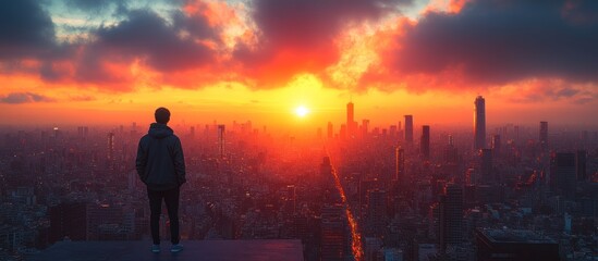 Wall Mural - Silhouette of a Man Admiring a Cityscape Sunrise