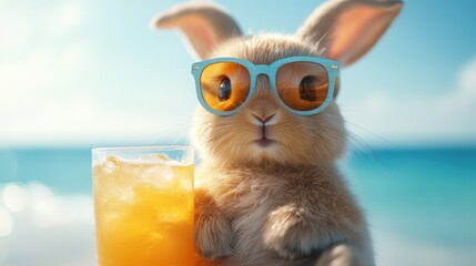 A cute bunny rabbit wearing sunglasses and holding a glass of orange juice, on a beach with blue water in the background.