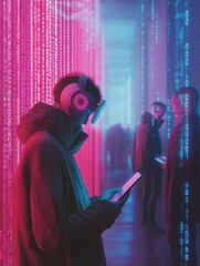 Poster - Individuals focus on their smartphones, immersed in digital numbers and codes, highlighting a sense of isolation in the virtual world. Generative AI
