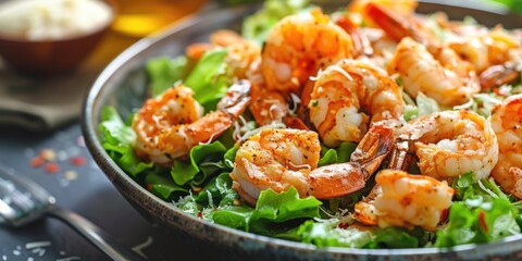 Poster - Caesar Salad with Shrimp and Parmesan Cheese Fresh Green Salad topped with Crispy Fried Shrimp