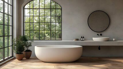 Modern bathroom with a freestanding tub and large windows.