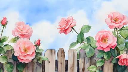 Sticker - Beautiful pink roses blooming over a wooden fence. Perfect for your home decor, cards, or website design.