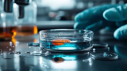 Wall Mural - blue liquid in petri dish with orange sample science experiment