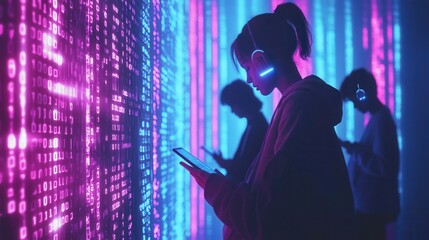 Poster - Individuals with bowed heads focus on their devices, surrounded by vibrant digital codes that reflect a sense of isolation in the modern age. Generative AI