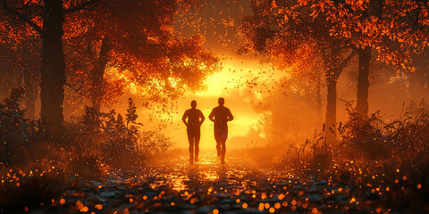 Canvas Print - Two figures run through a misty forest as the sun sets, casting an orange glow on the scene.