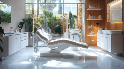 Modern dental clinic interior with natural light and greenery.