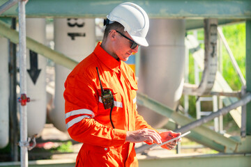 a man worker engineer conducts a site inspection at an industrial facility of gas and oil petroleum industry with utilizing a tablet for data management. technology and safety in maintaining operation