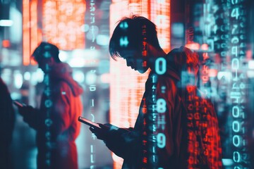 Poster - Individuals focus on their smartphone screens, surrounded by glowing digital numbers, conveying a sense of isolation in a tech-driven environment. Generative AI