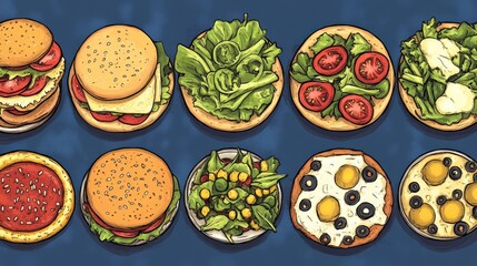 Wall Mural - Elegant Corporate Menu Illustration Featuring Salads, Sandwiches, Hamburgers, and Pizza for Upscale Restaurant Design