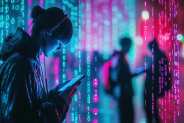 Poster - People engrossed in their smartphone screens under neon digital codes, illustrating a modern sense of isolation in the virtual realm. Generative AI