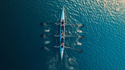 aerial view of rowers on calm water