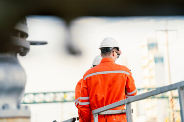 a man worker engineer conducts a site inspection at an industrial facility of gas and oil petroleum industry with utilizing a tablet for data management. technology and safety in maintaining operation