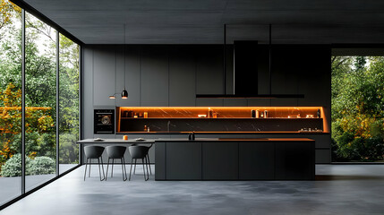 Modern kitchen design with sleek black cabinetry and ambient lighting.