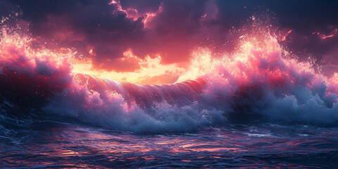 Wall Mural - Fiery sunset sky illuminates a crashing wave with magical pink and blue hues. 