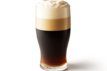 A glass of dark beer with a thick head of foam