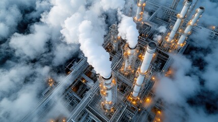 aerial shot of an oil refinery with steam and smoke rising from stacks, surrounded by a complex network of pipelines and storage tanks