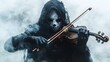 © Paul - Ghostly violinist with a cracked instrument, wearing a Halloween party mask, gothic style, misty aura, isolated on white background