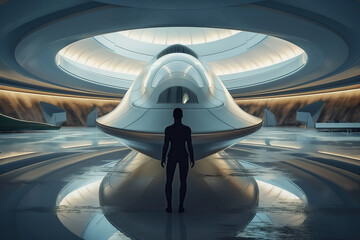 UFO, UAP, AAV, futuristic open space with person in center standing in front of his personal UFO shaped space ship inside its hangar, elegant, photorealistic