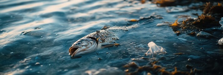 Poster - A dead fish lies on the shore surrounded by floating plastic and oil spills, with damaged coral reefs visible in the background. Generative AI