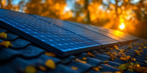 Close-up of solar panels on a roof with autumn leaves, bathed in the warm glow of the setting sun.