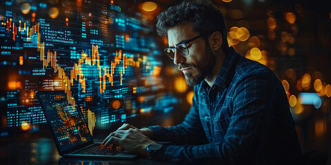 A man works on his laptop in front of a digital display with glowing data. 