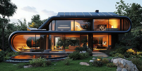 Poster - Modern, curved house with a solar panel roof and large windows overlooking a lush green lawn and swimming pool.