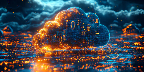 A glowing cloud icon made of data and code with a futuristic background.