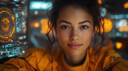 Wall Mural - confident female engineer in a sprawling automated warehouse surrounded by robotic arms and conveyor belts smiling as she monitors operations on a futuristic holographic display