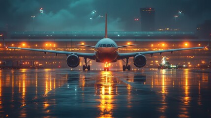 Airplane taxiing on wet runway with airport lights and buildings in background.